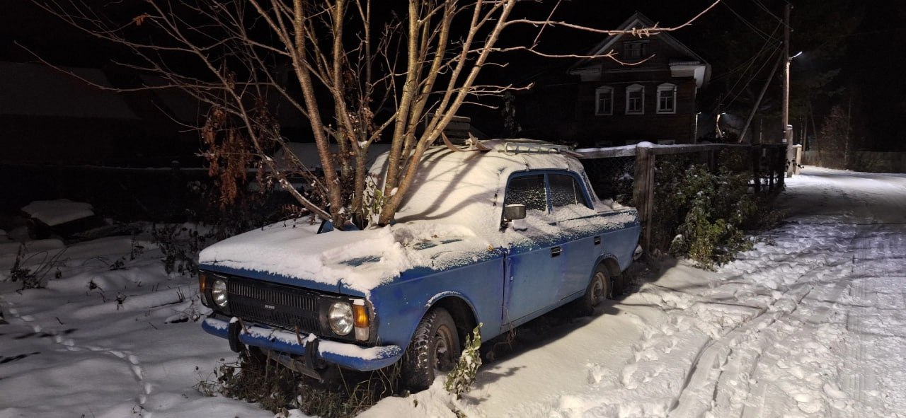 1280x591, 150 Kb / автомобиль, классика, ретро, дерево, куст, москвич, азлк, снег