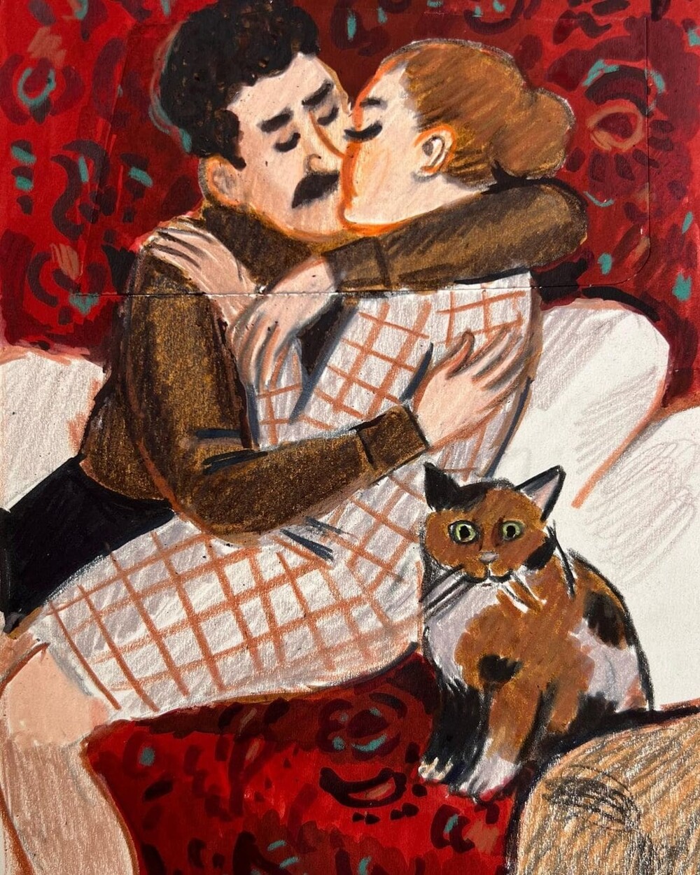 1000x1250, 412 Kb / пара, поцелуй, кот, рисунок, Зоя Черкасская