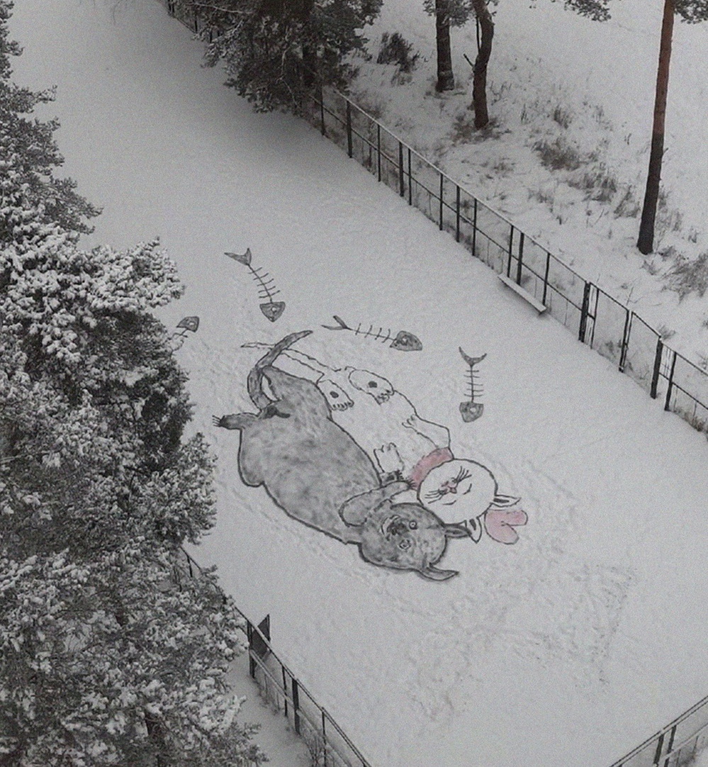 999x1082, 479 Kb / котик, рисунок, снег