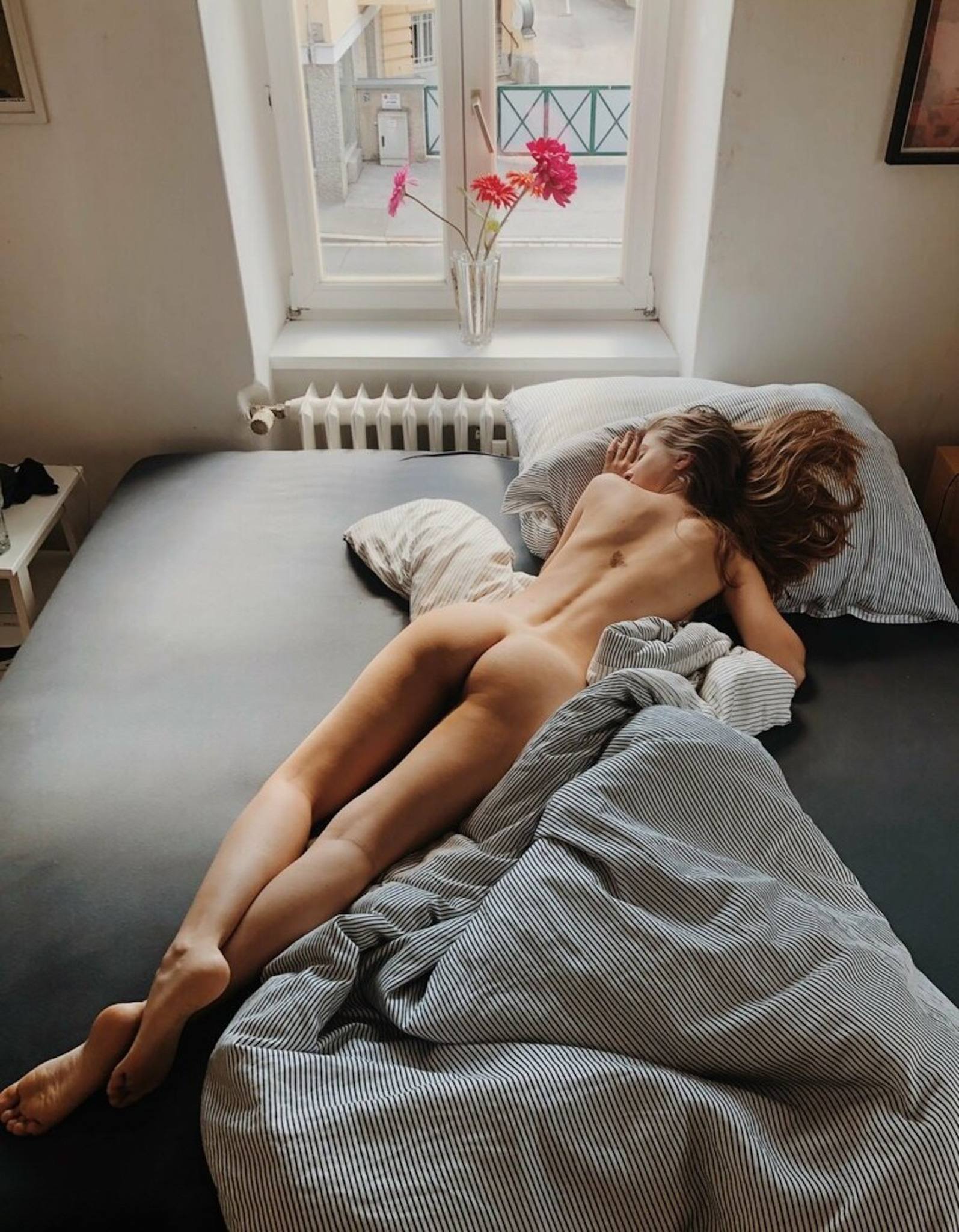 1595x2048, 349 Kb / Голая, попа, кровать, окно, цветы, букет, картина, одеяло, подушка