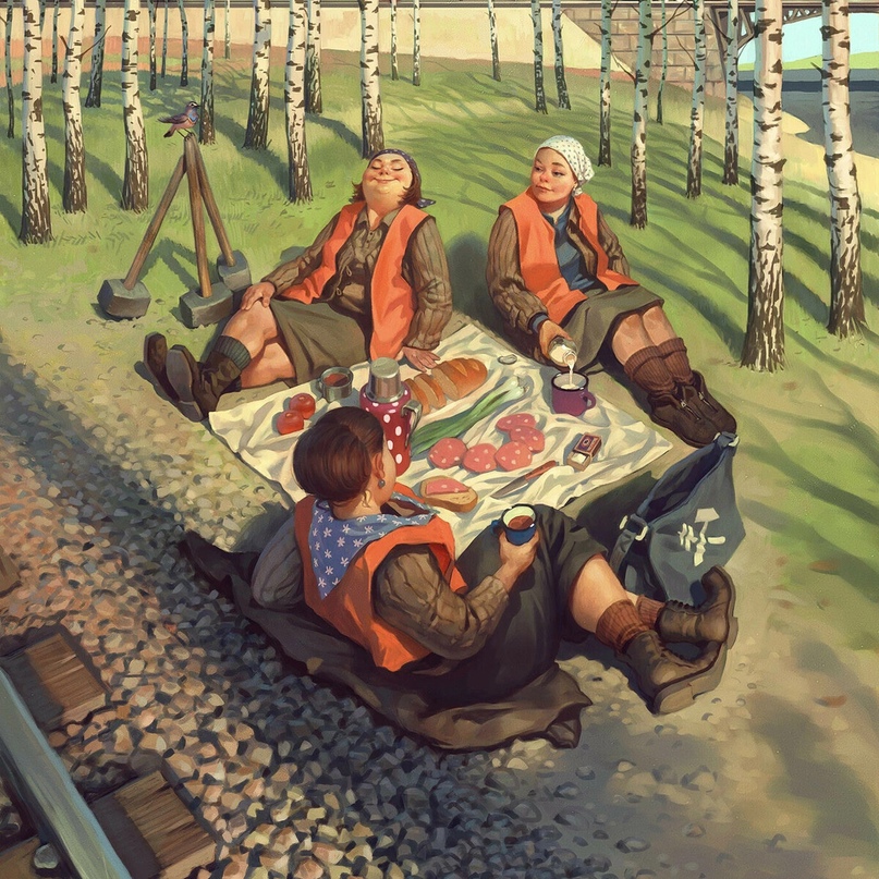 807x807, 369 Kb / лесок, берёзка, обед, кувалда, ржд, работник, жилетка, рельса, шпала, рисунок, картина