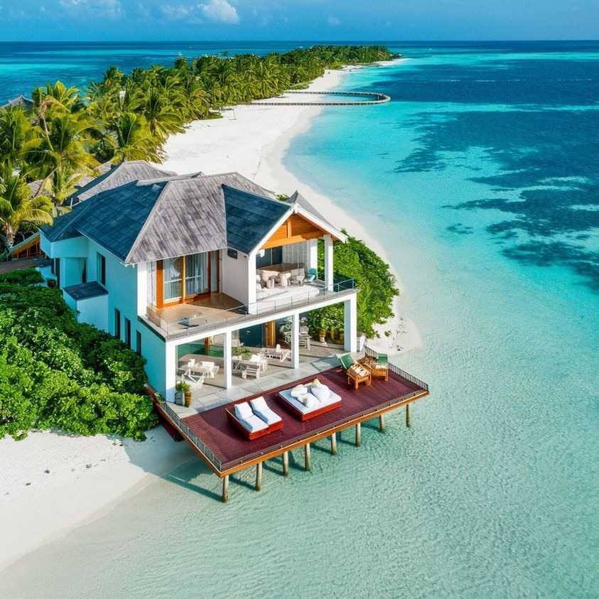 843x843, 240 Kb / Домик, дом, тропинки, пляж, пальма, шезлонг