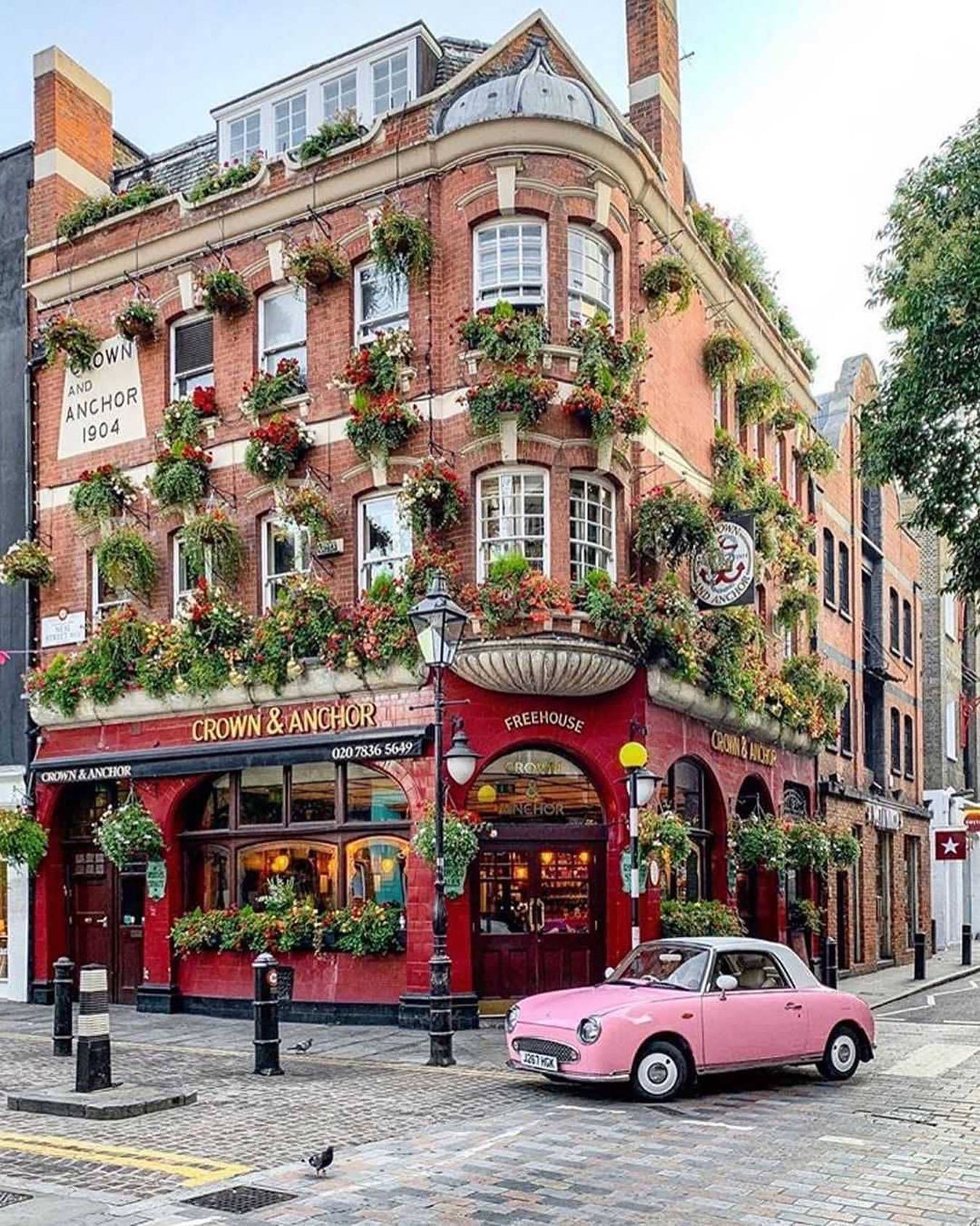 1349x1687, 459 Kb / Англия, Лондон, цветы, архитектура, автомобиль, розовый, брусчатка