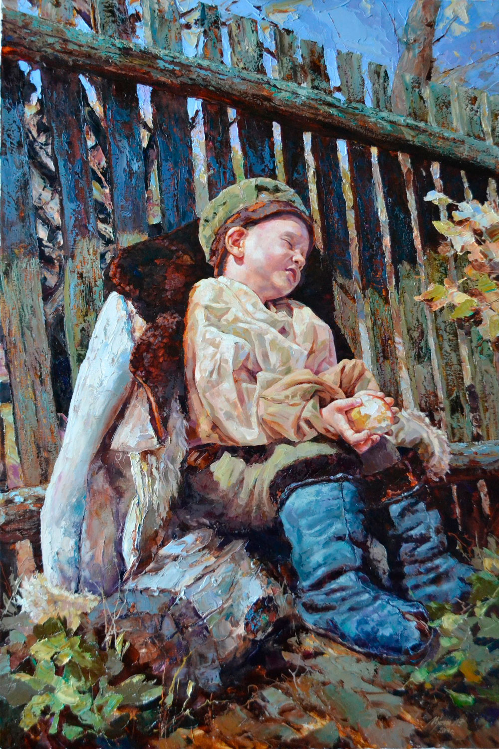 1000x1502, 476 Kb / ребёнок, полено, осень, тёплый день, разморило, яблоко, забор, тулуп