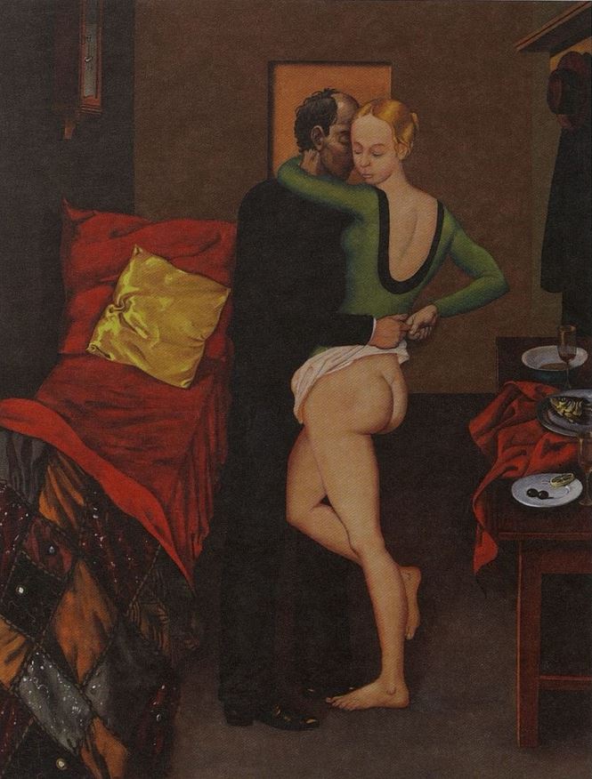 665x876, 90 Kb / комната, кровать, подушка, мужчина, женщина, красный, картина, рисунок