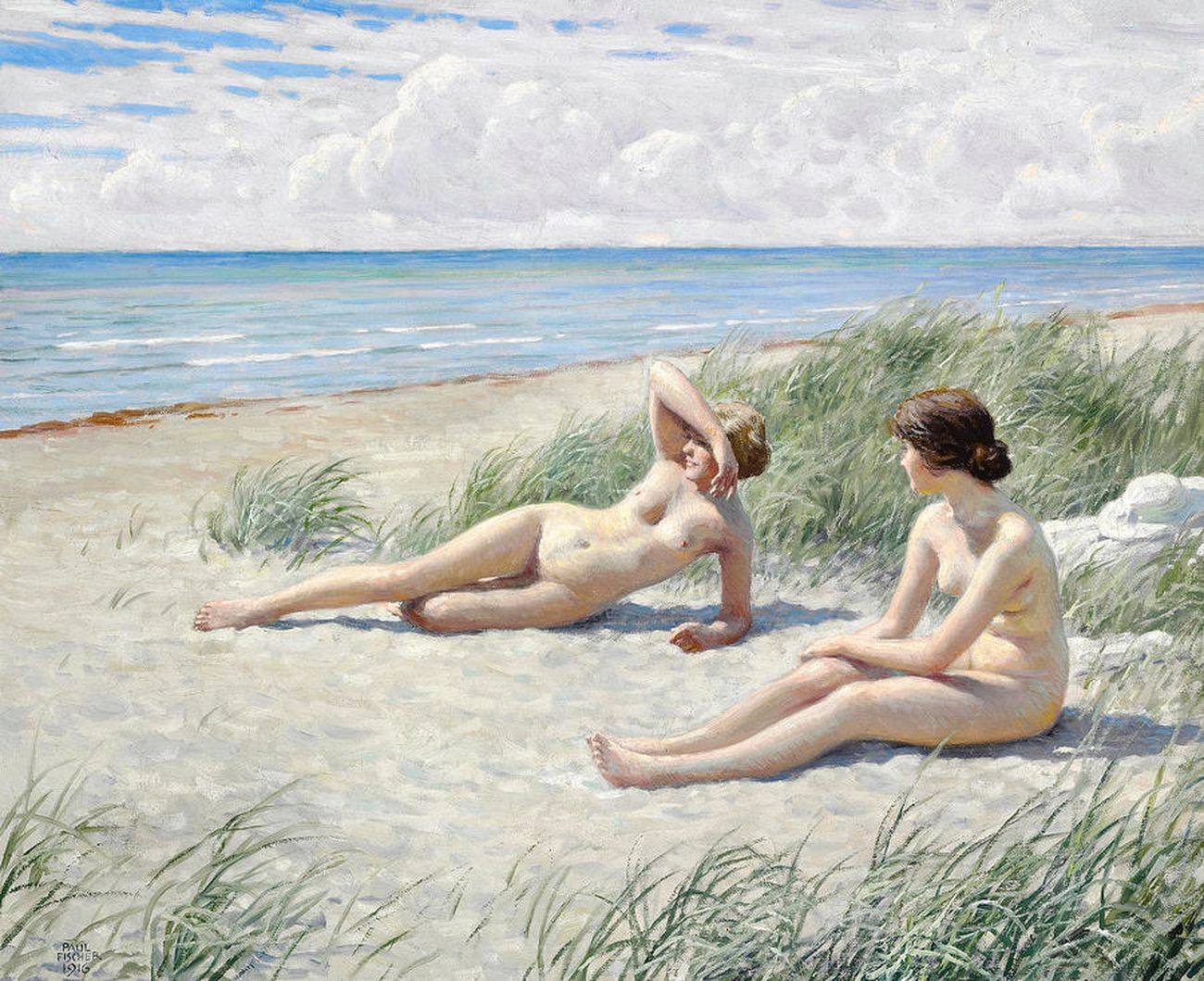 1300x1059, 239 Kb / Paul Gustav Fischer (Danish 1860-1934), "Two young women lying on Hornbek beach enjoying the sun", 1916, Oil on canvas, 60 x 72 cm, Private collection, две, девушки, пляж, песок, трава, картина