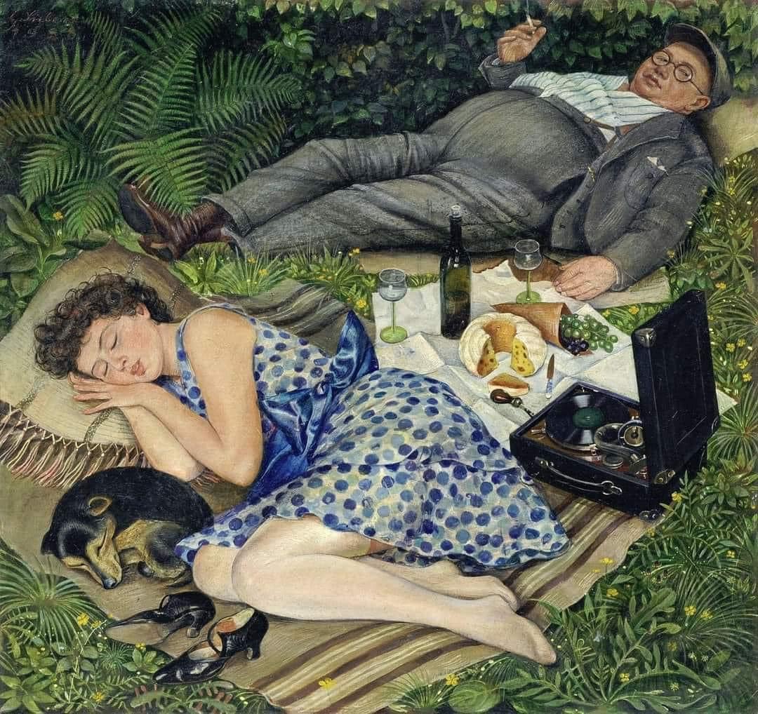 1080x1018, 186 Kb / живопись, пикник, спят, собачка, красавица, платье, горошек, патефон, вино, кекс, виноград, курящий мужик , очки , кепка, Зиберт