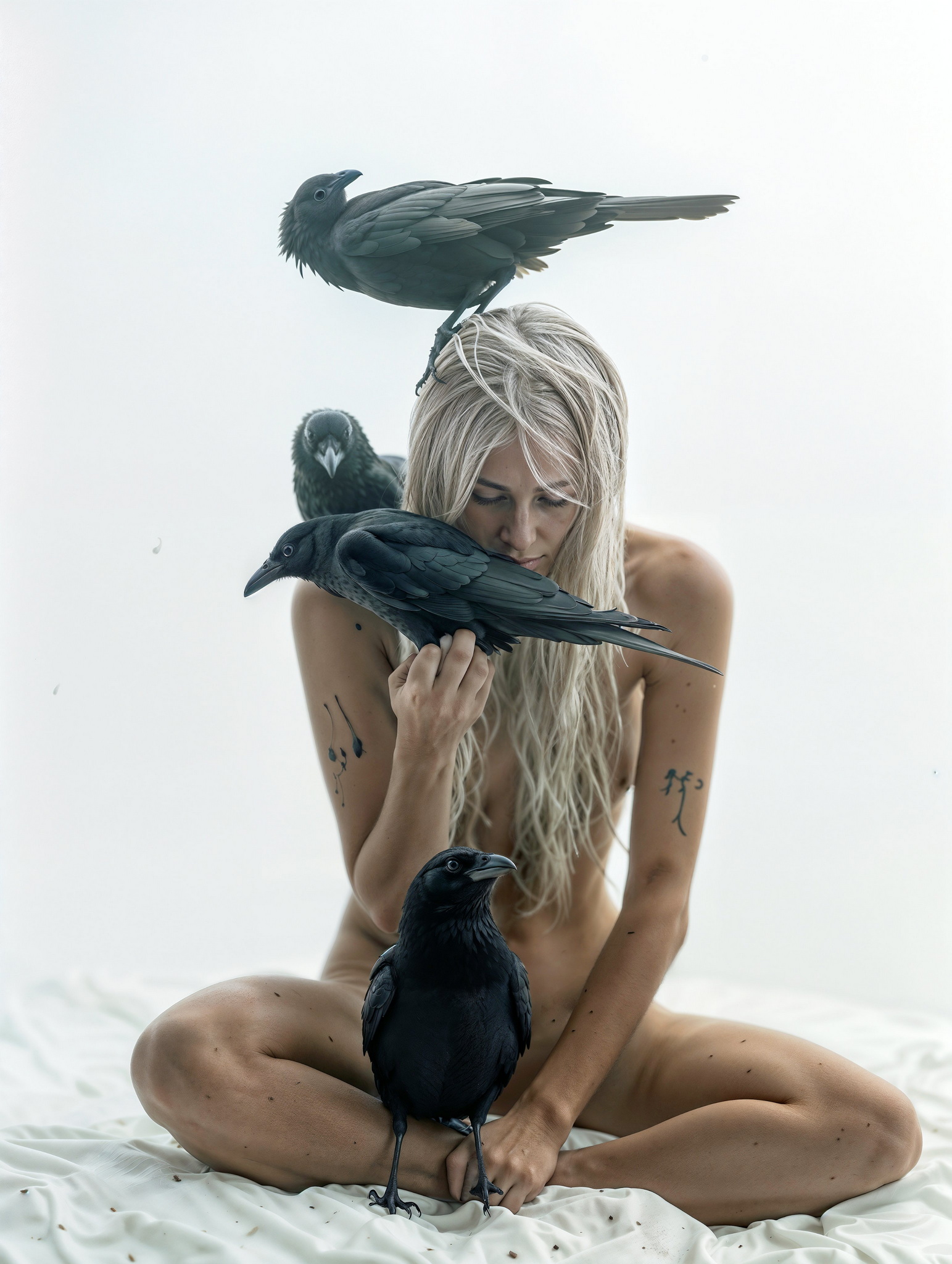 1543x2048, 557 Kb / постель, четыре вороны, ворона, королева, блондинка, тату, нейросеть