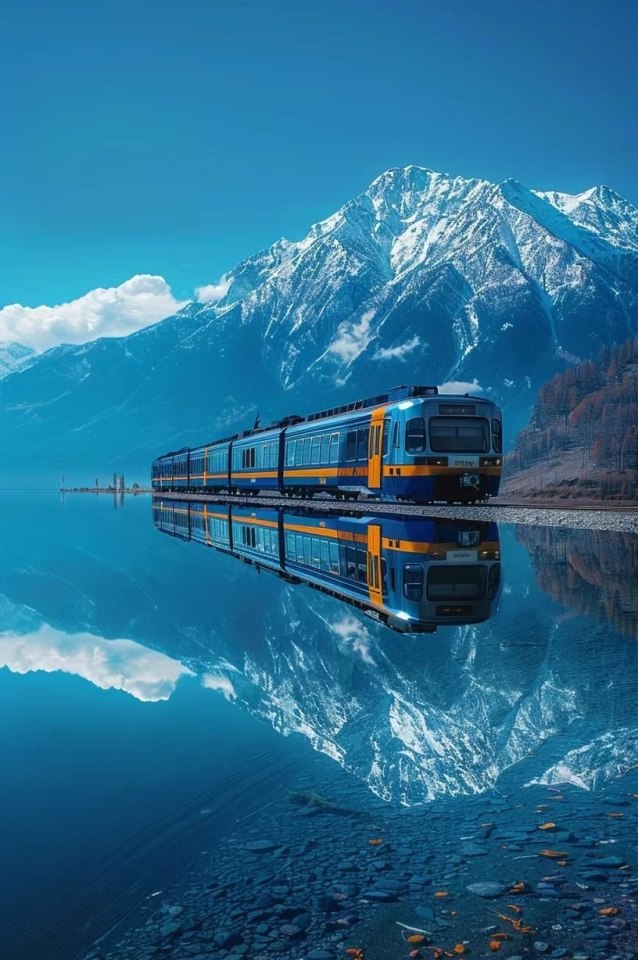 638x960, 124 Kb / отражение, поезд, горы