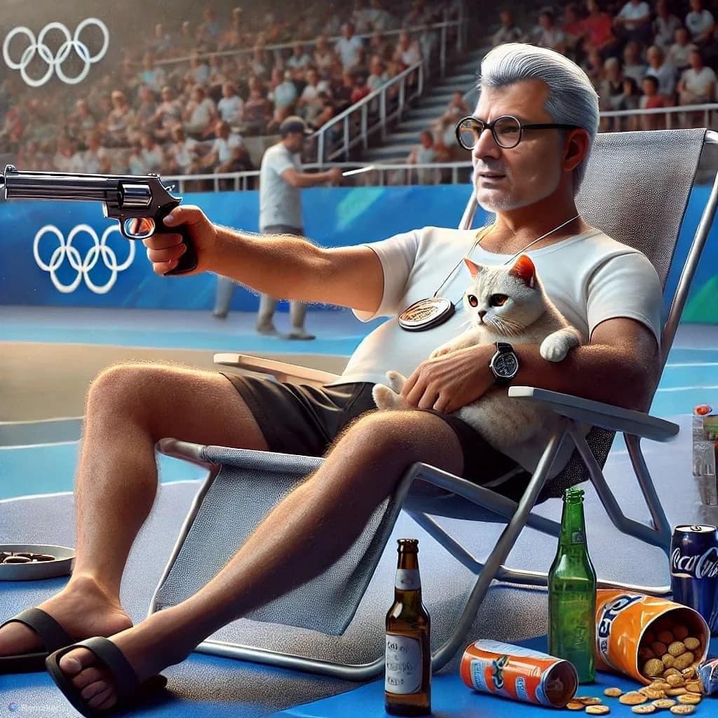 1024x1024, 139 Kb / Юсуф Дикеч, 2028, ИИ, олимпиада, стрельба, кот, очки, бутылки, кресло