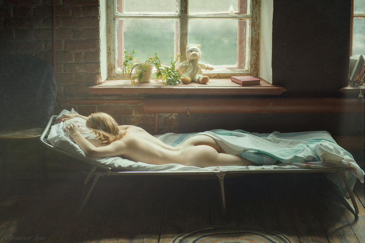 1200x800, 157 Kb / блондинка, голая, лежит, раскладушка, окно, кирпич, труба, книга, утюг, Игорь Воронцов