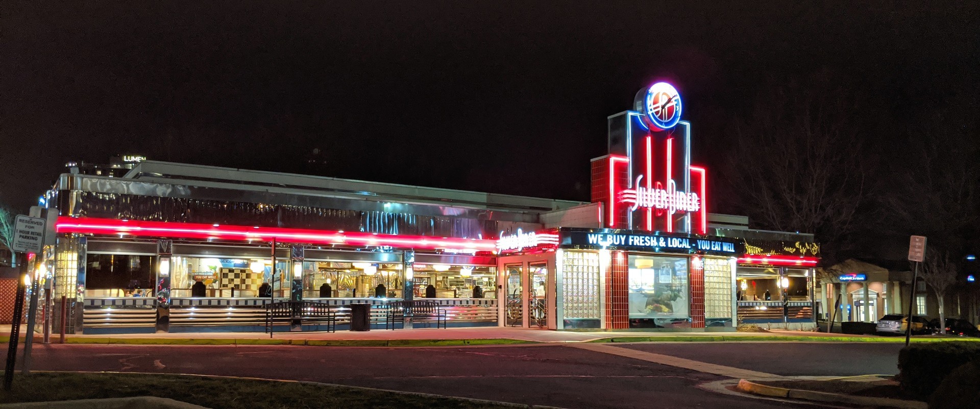 1920x801, 396 Kb / кафе, Silver Diner, ретро, винтаж, ночь