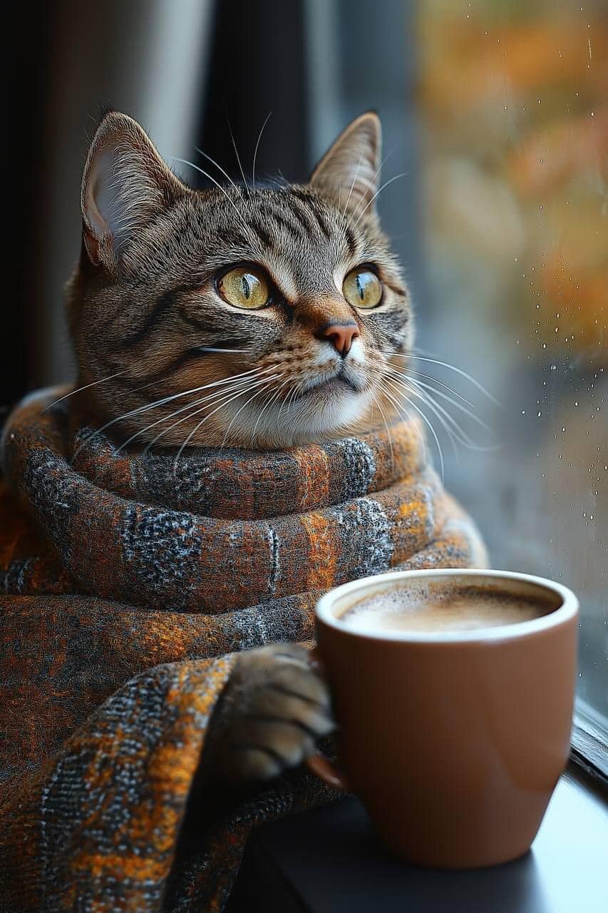 853x1280, 137 Kb / кот, чашка кофе, плед, окно, AI