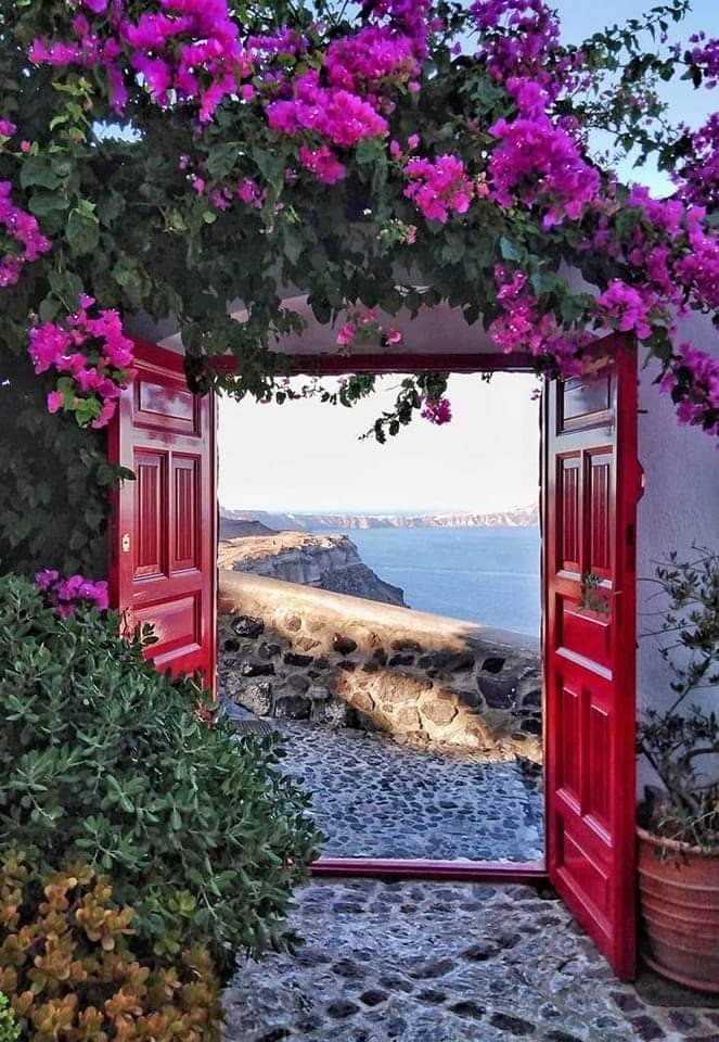 663x960, 118 Kb / Санторини, Тира, Греция, остров, двери, ворота, цветы, пляж, море