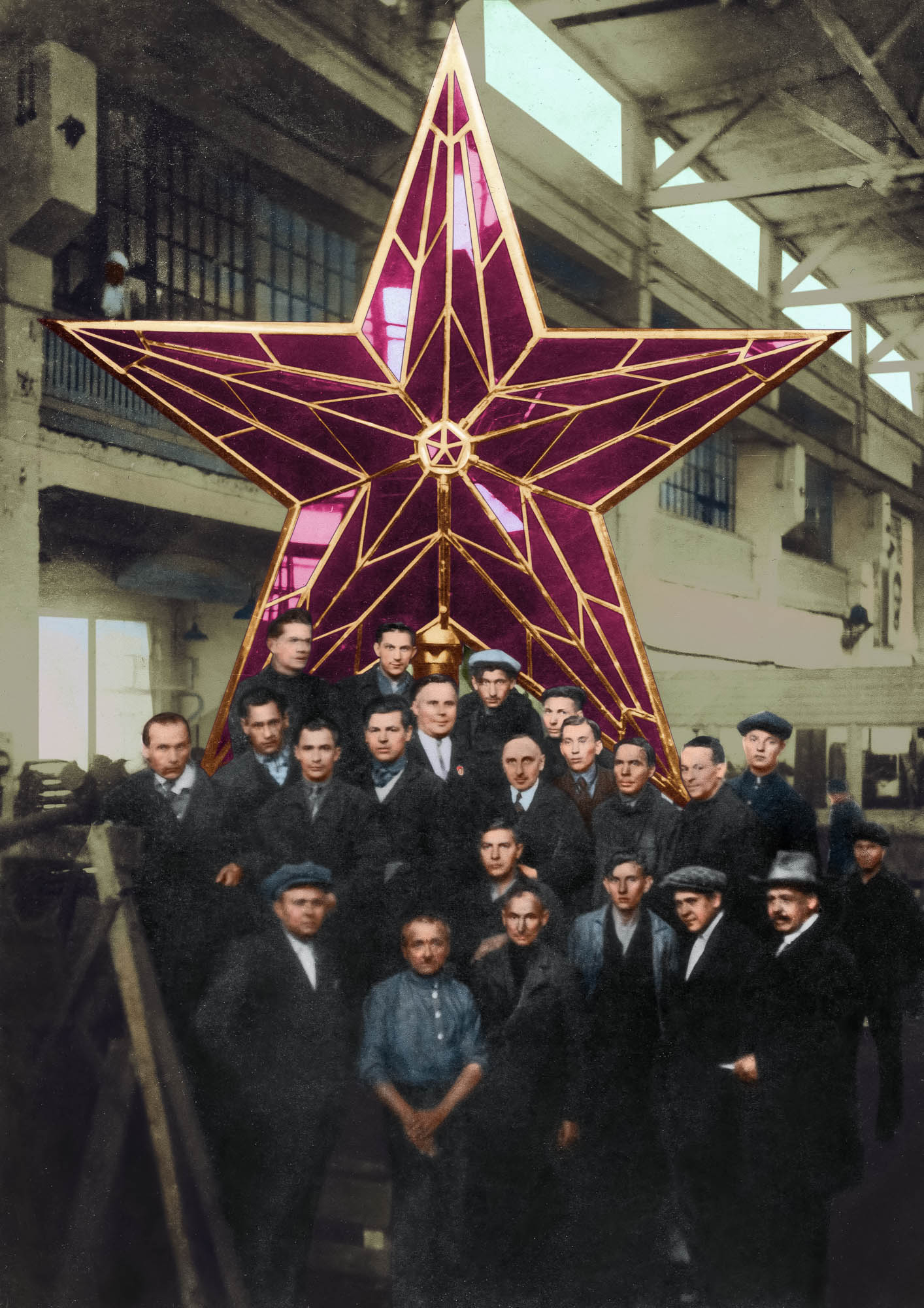1414x2000, 384 Kb / Рубин, стекло, звезда, завод, СССР, звезды кремля, Кремль, цех, рабочие, кепка, шляпа, пиджак, галстук