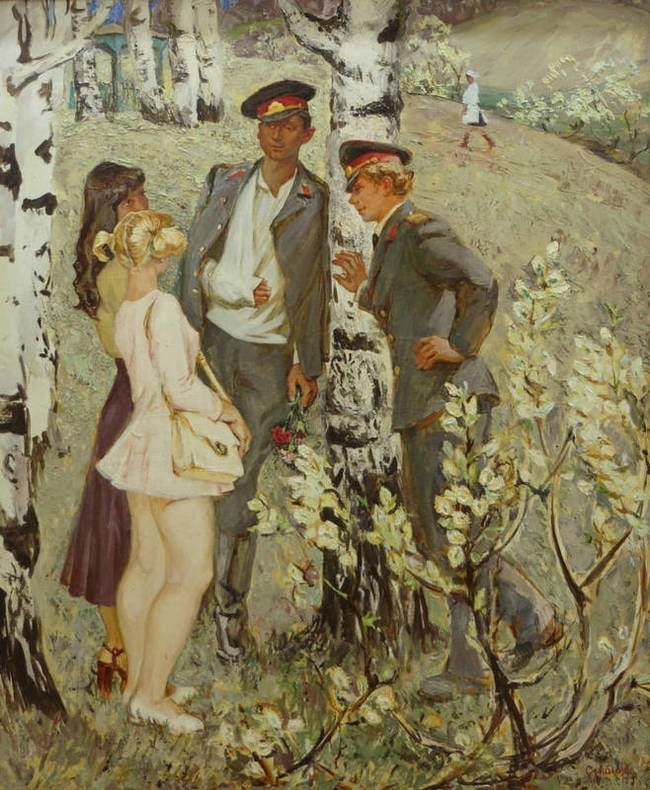 650x790, 165 Kb / живопись, природа, березы, доярка, юбка, короткая, длинная, милиционер, Людмила Сгибнева, Весна, 1977