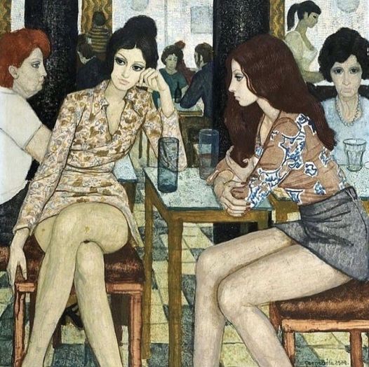 526x524, 73 Kb / живопись, кафе, стол, пустые стаканы, Бела Чене , девушки, короткие юбки