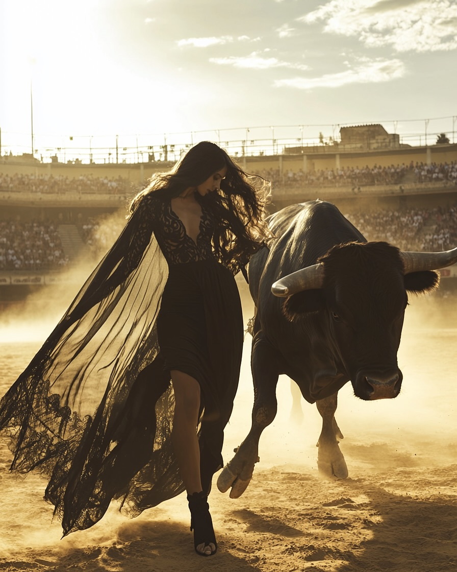 896x1120, 274 Kb / нейронка, женщина, бык, арена, коррида