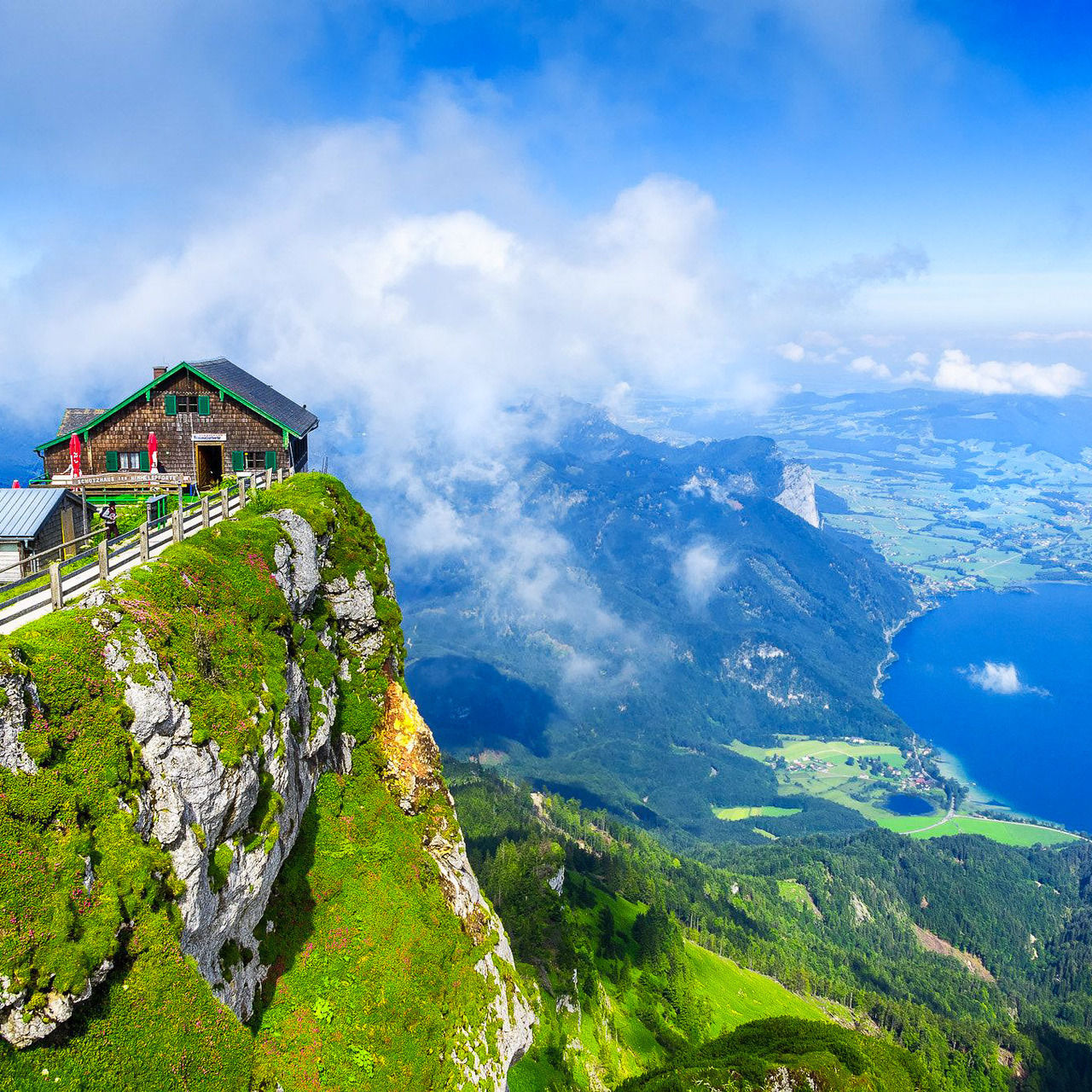 1280x1280, 481 Kb / Шафберг, Австрия, горы, озеро, небо, облака, домик в деревне