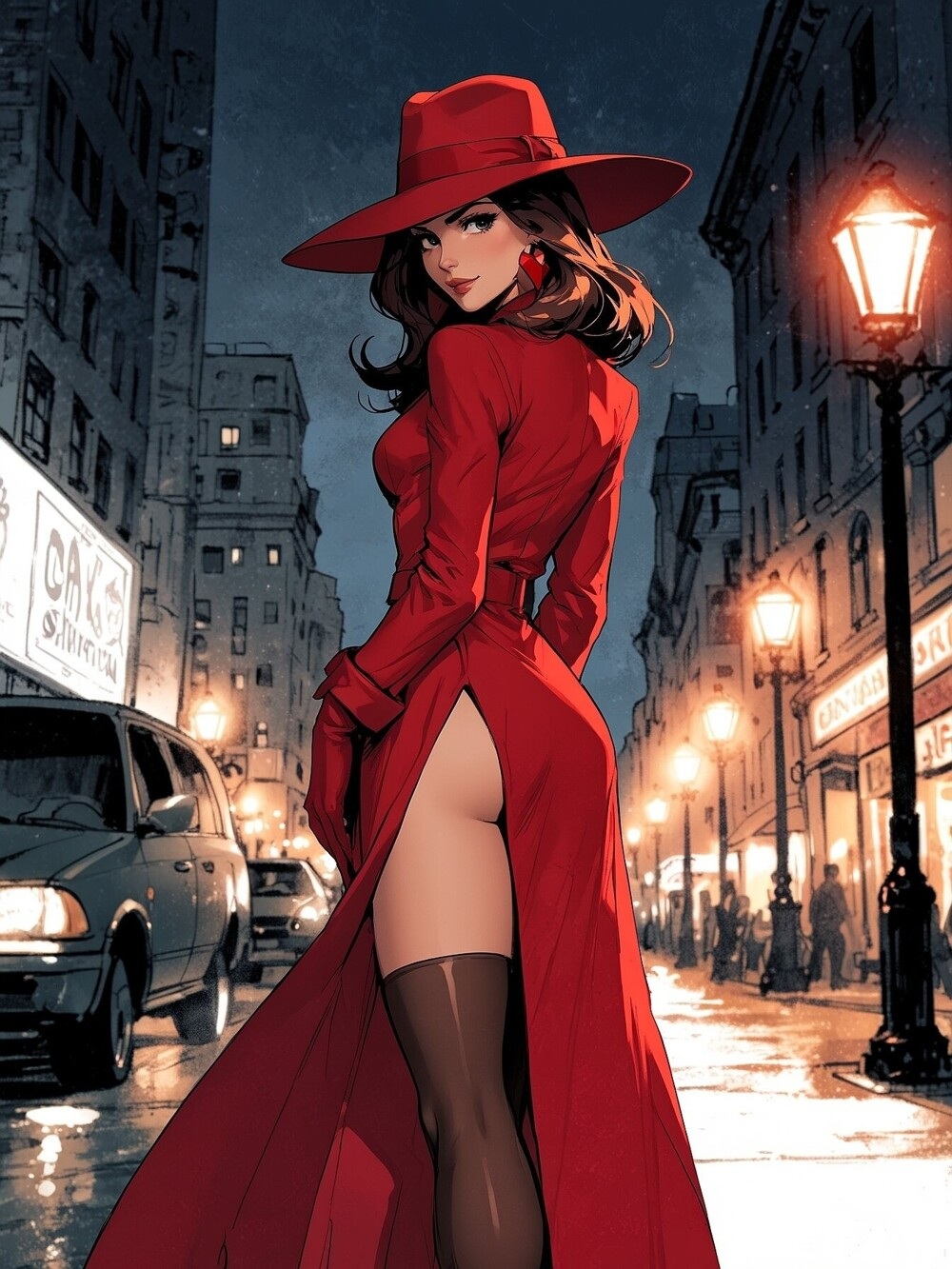 1000x1333, 362 Kb / Рисунок, красное, шляпа, улица, платье, разрез