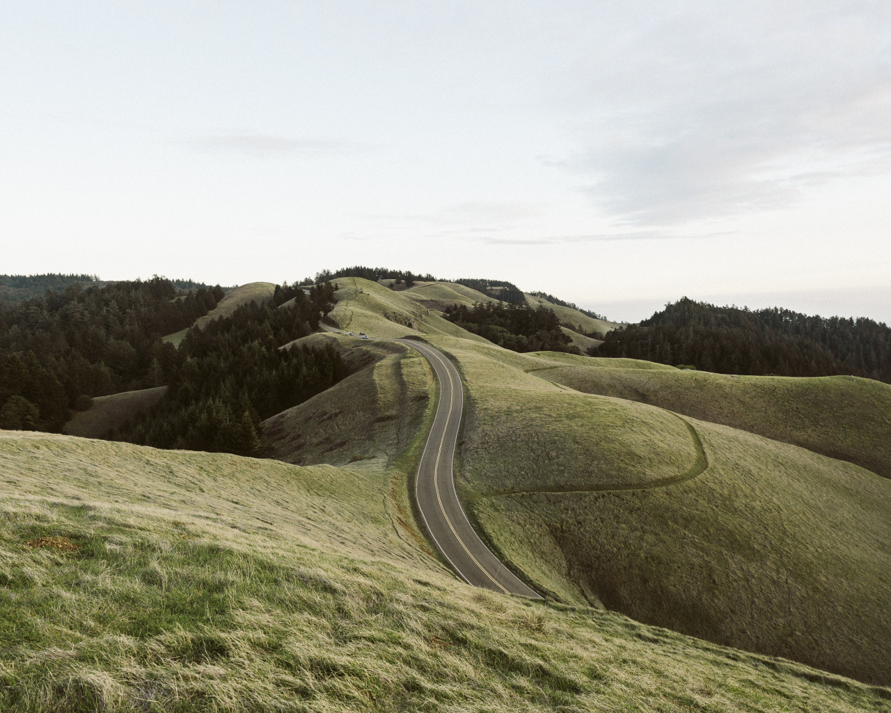 1280x1024, 462 Kb / Дорога, лес, холмы, луг