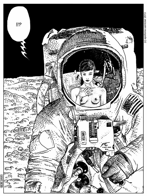 600x800, 349 Kb / Сиськи, астронавт, иллюстрация, Apollonia Saintclair, ч/б