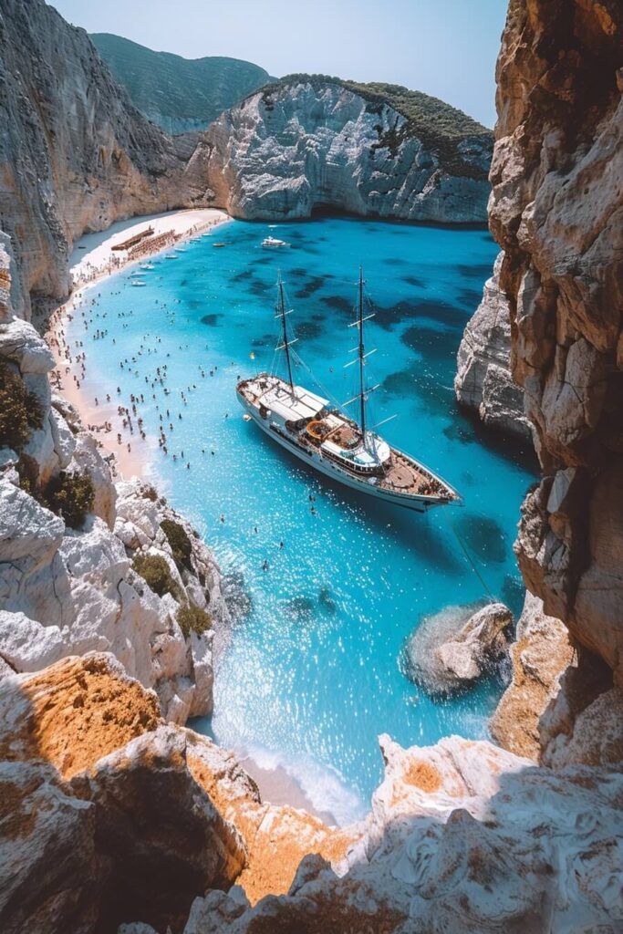 683x1024, 157 Kb / бухта, пляж, парусник, Греция, горы, скалы