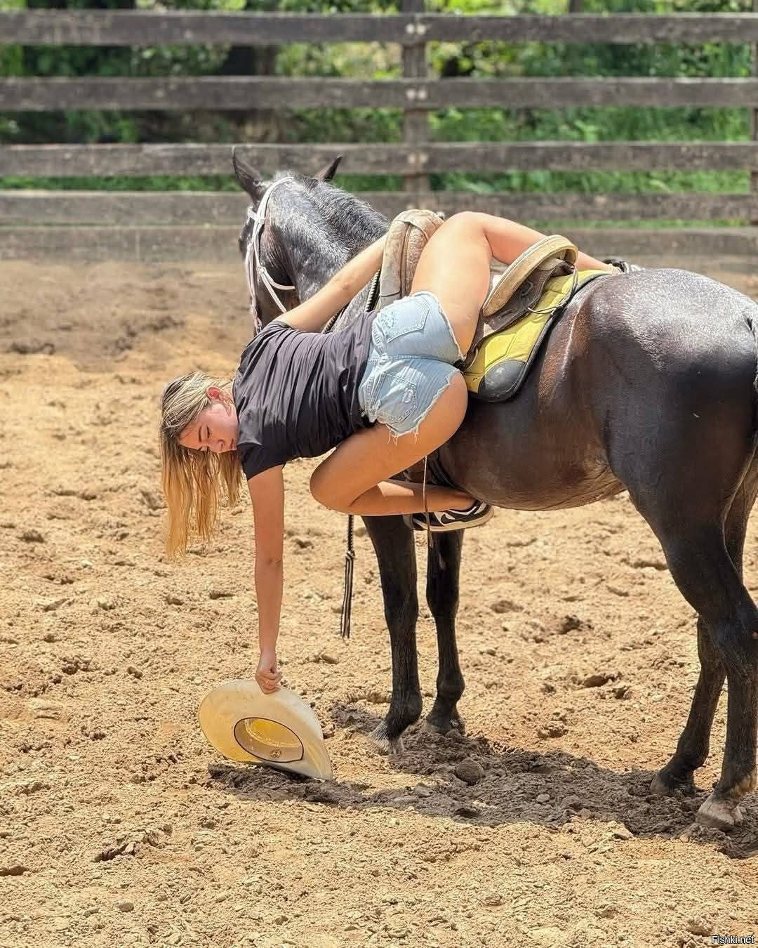 1080x1350, 447 Kb / блондинка, лошадь, конь, родео, шорты, попка, шляпа, забор