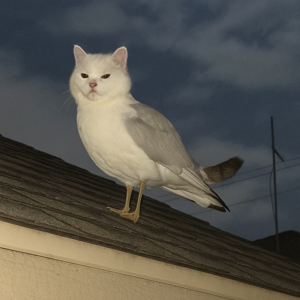 1024x1024, 329 Kb / чайка, кот, крыша