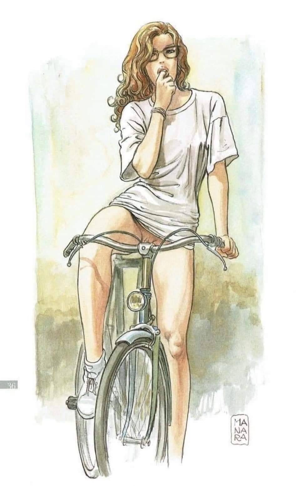 946x1566, 142 Kb / Milo Manara, велосипед, без трусов, платье, очки, кроссовки