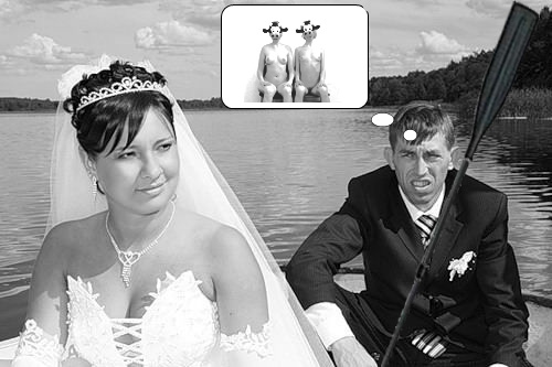 500x333, 44 Kb / ч/б, свадьба, невеста, лодка, вода, весло, тёлки, коровы