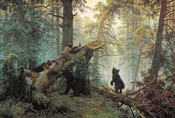 600x406, 94 Kb / Шишкин, утро, бор, медведи, овчарка