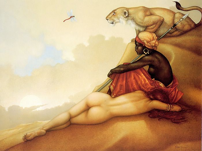 700x525, 53 Kb / девушки, стрекоза, лев, картина