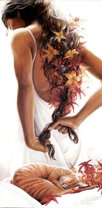 344x698, 73 Kb / цветы, волосы, кот, рыжий