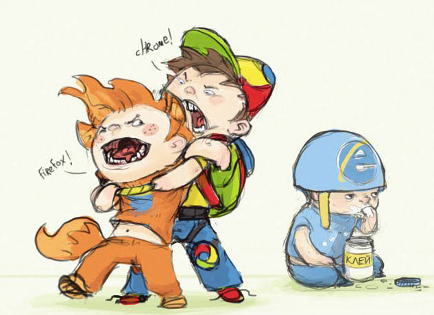 633x459, 52 Kb / firefox, chrome, IE, клей, браузеры, драка,  holywar