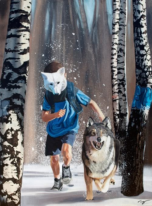 500x677, 118 Kb / волк, лес, березы, зима, мальчик, маска