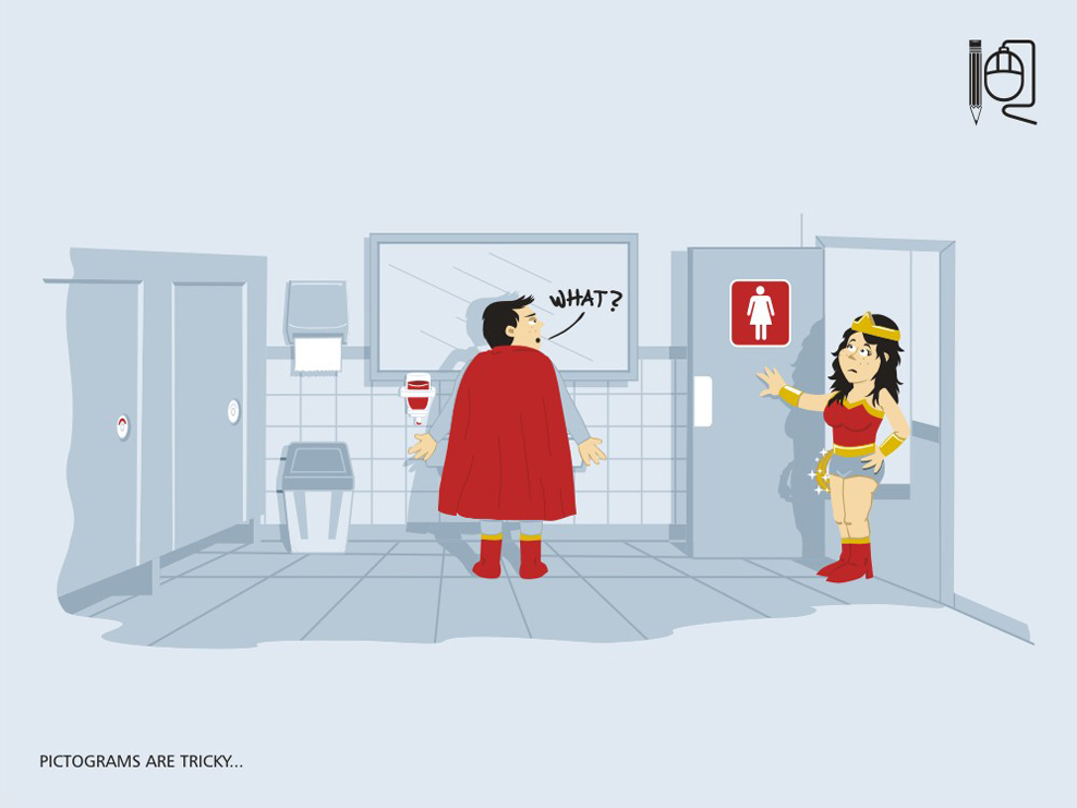 988x741, 151 Kb / Pictograms are tricky, Пиктограммы хитры, супермен, туалет, табличка женского туалета