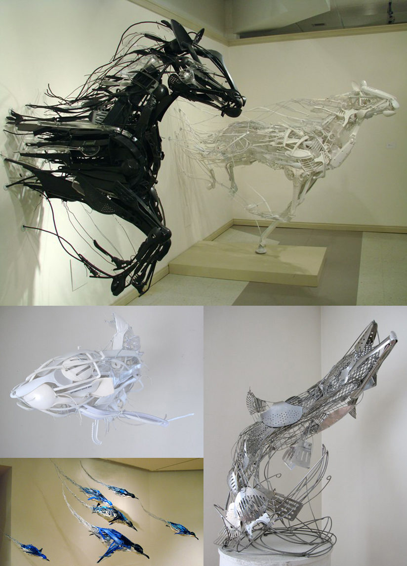 824x1146, 151 Kb / скульптура, инсталляция, лошади, акула, пингвины, рыба, ложки, пластик