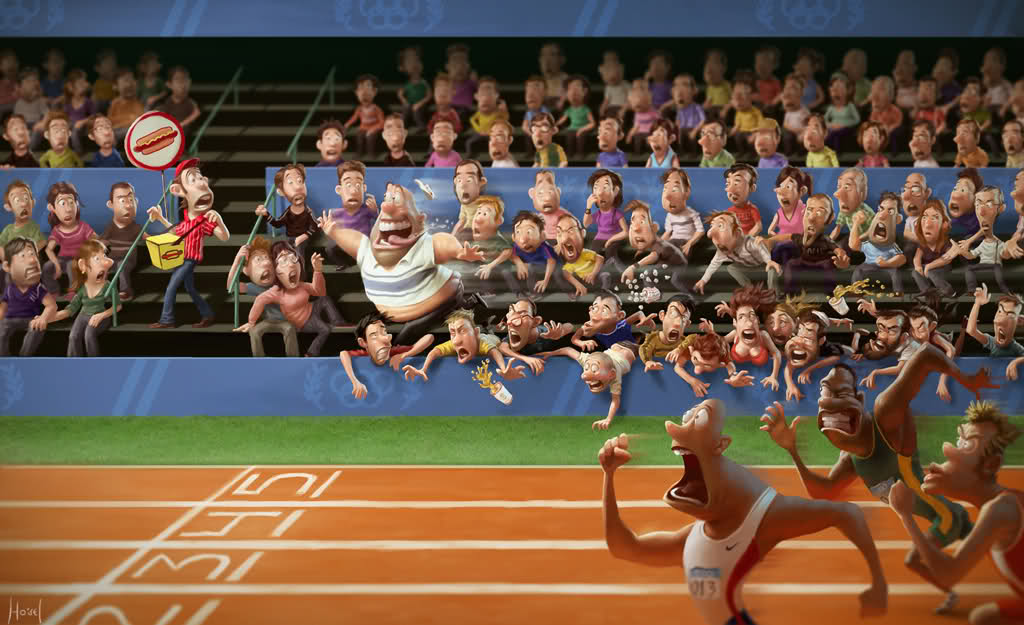 1024x625, 98 Kb / бегуны, зрители, толстяк, несется, хот-дог, Тиаго Хоисел, Tiago Hoisel, рисунок