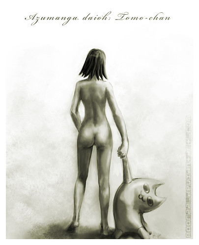 405x500, 32 Kb / кот, лапа, azumanga daioh, ню, рисунок, ч/б, tomo, chan