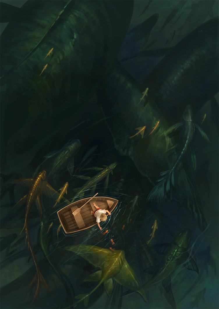 752x1063, 93 Kb / скат, лодка, рыбы, иллюстрация