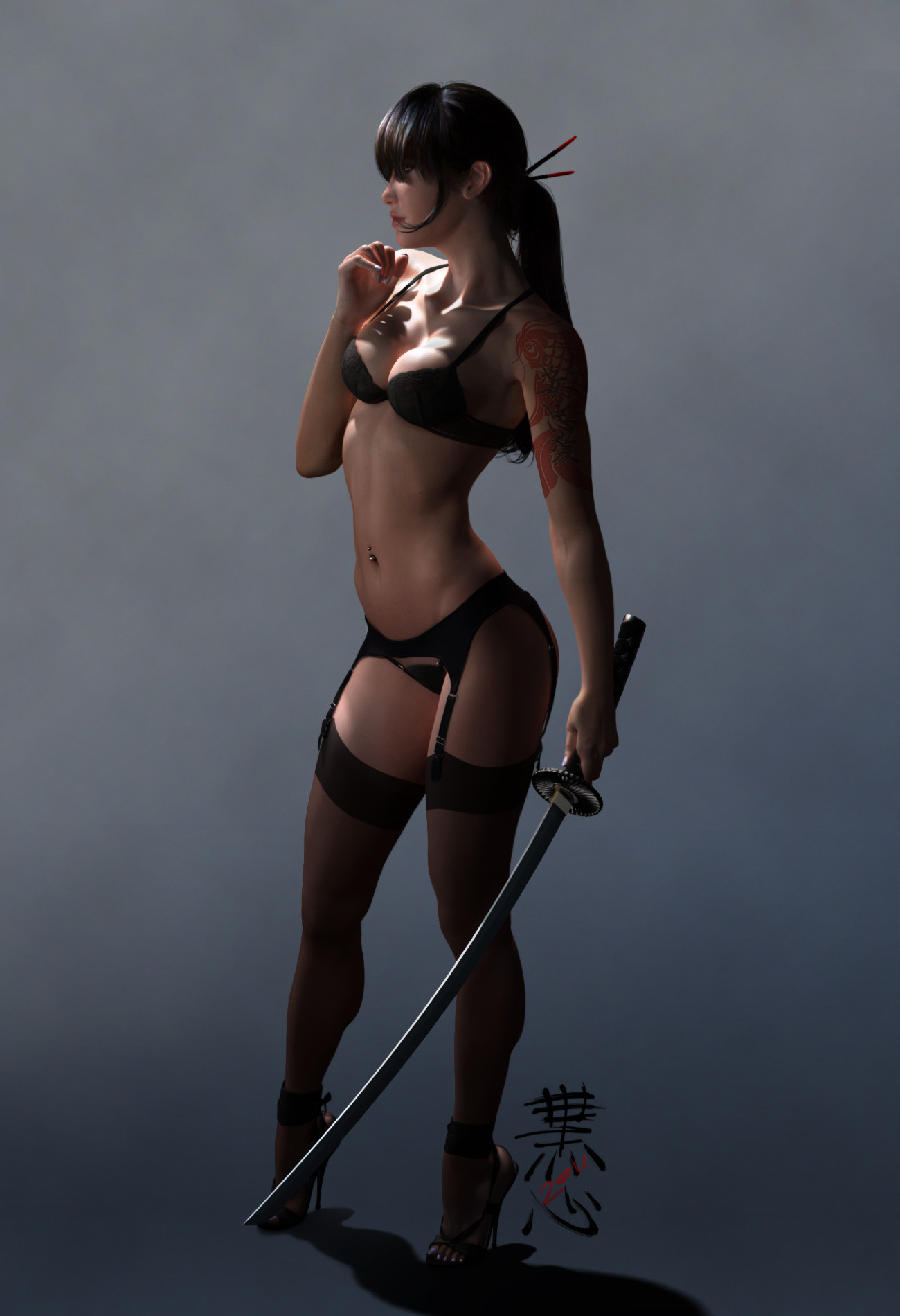 1300x1900, 233 Kb / иероглиф, тату, чулки, рендер, японка, сабля