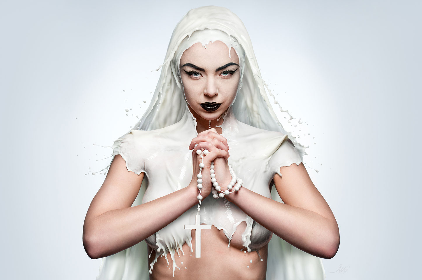 1447x960, 120 Kb / сиськи, монашка, молоко, белый, крест, черный, губы