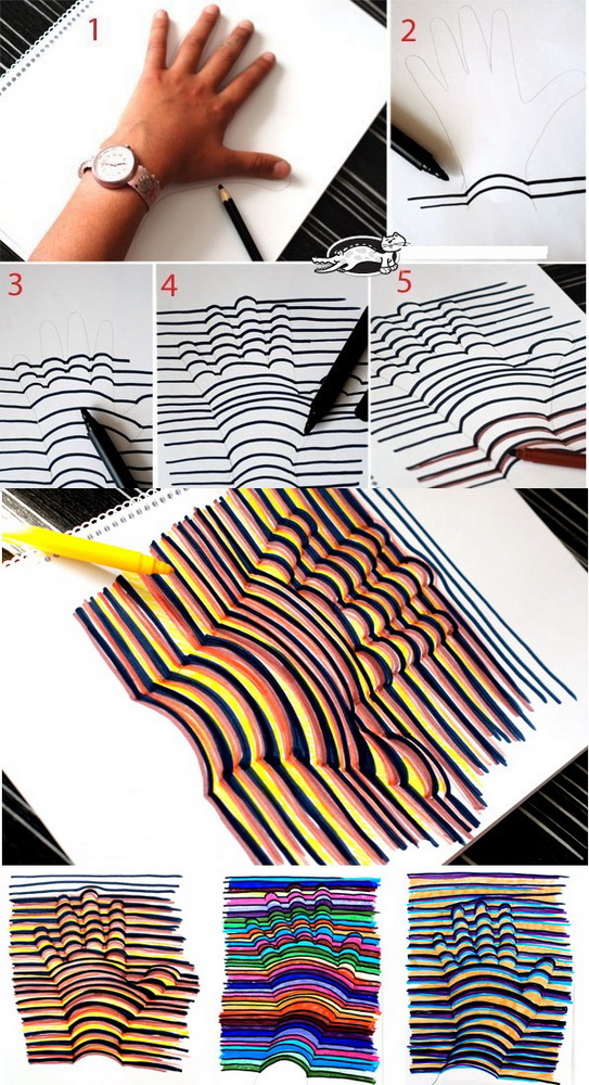 543x1000, 274 Kb / рисунок, рука, объем, полоски, часы, карандаш