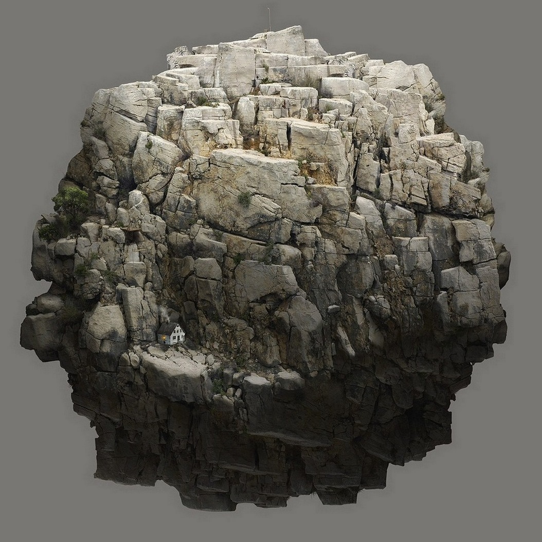 1054x1054, 299 Kb / скала, камень, дом, свет, дым