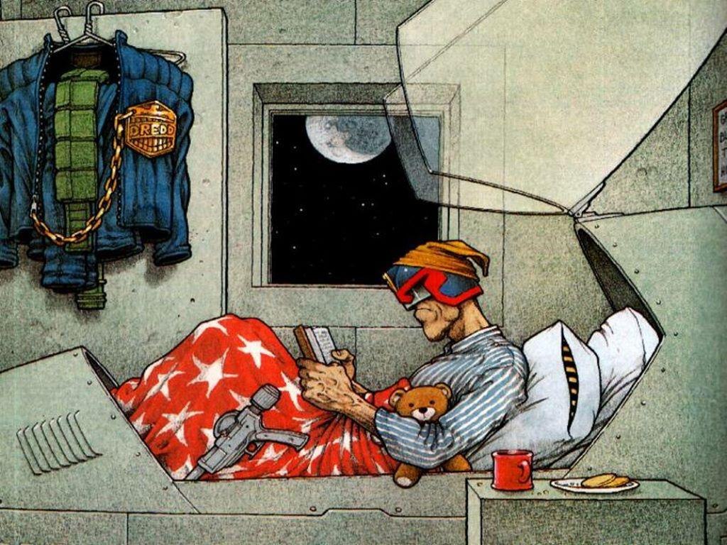 1024x768, 194 Kb / дредд, судья, постель, мишка, печенье, пижама