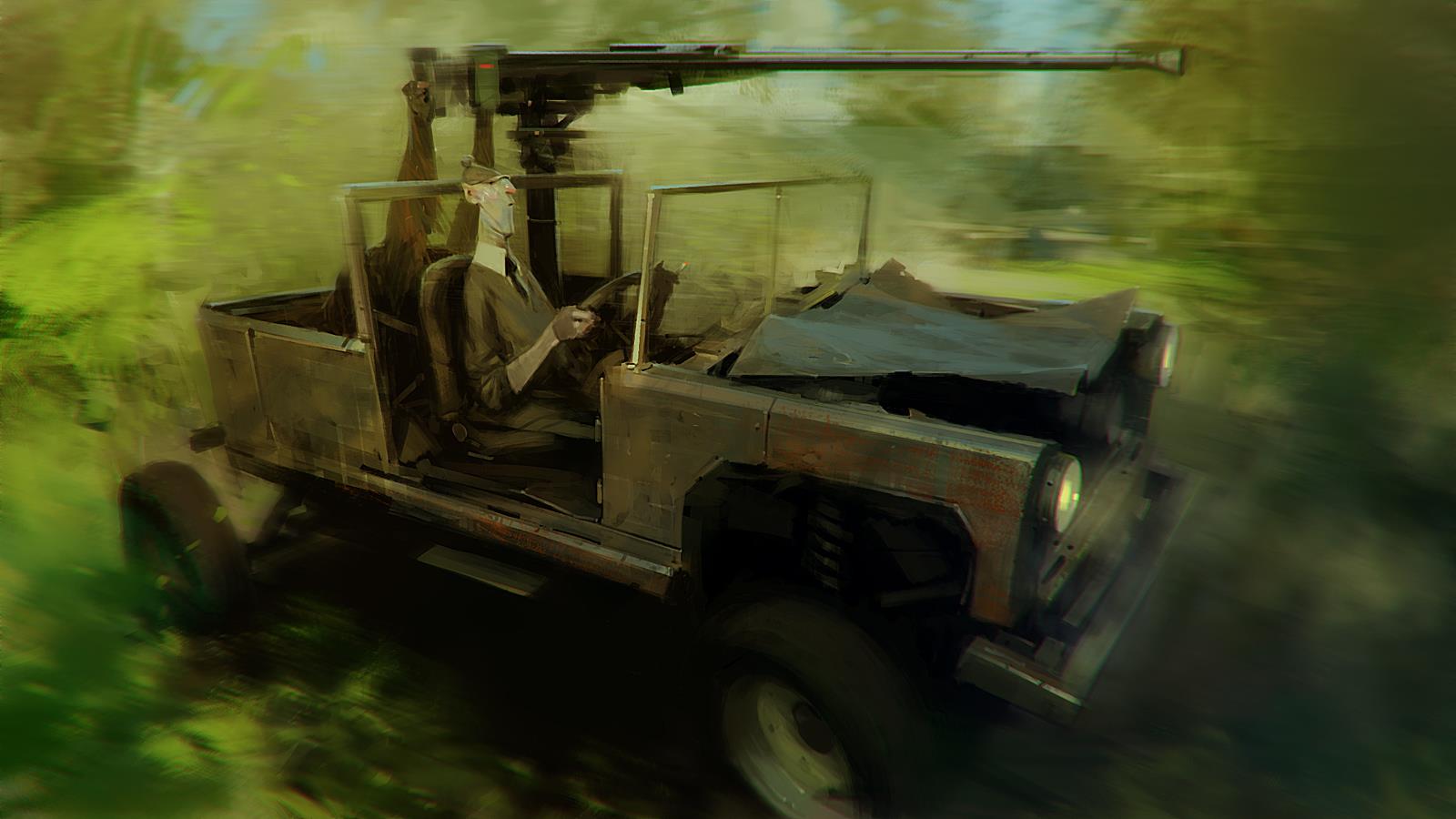 1600x900, 106 Kb / Peleng, Пеленг, обезьяна, орангутанг, пулемёт, джип, джунгли