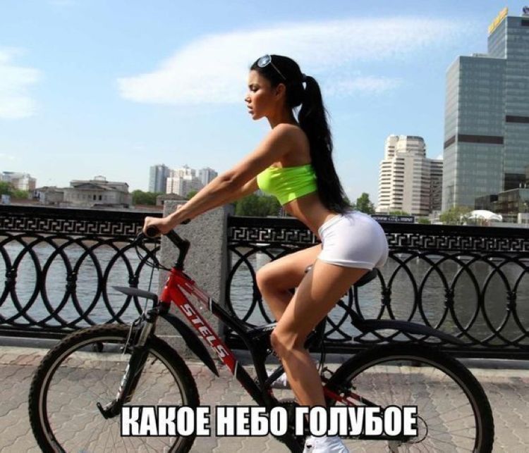 750x643, 100 Kb / набережная, хвост, попа, очки, забор, велосипед, девушка, брюнетка, небо