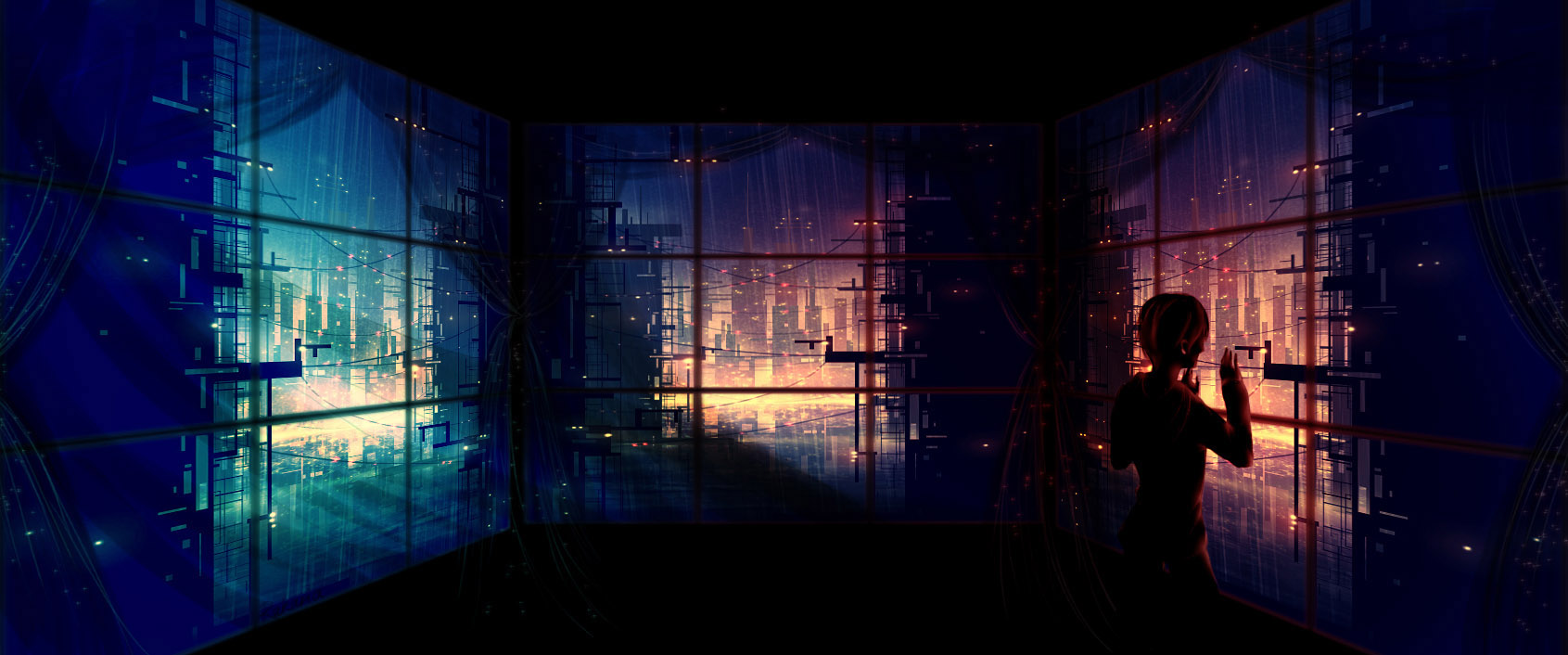 1691x706, 210 Kb / окна, тень, силуэт, будущее, фантастика, огни, город, свет