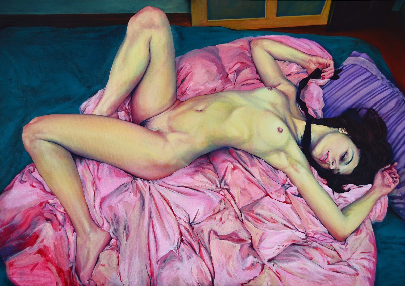 1600x1133, 334 Kb / сиськи, живопись, постель, простыня, розовая, брюнетка, поза